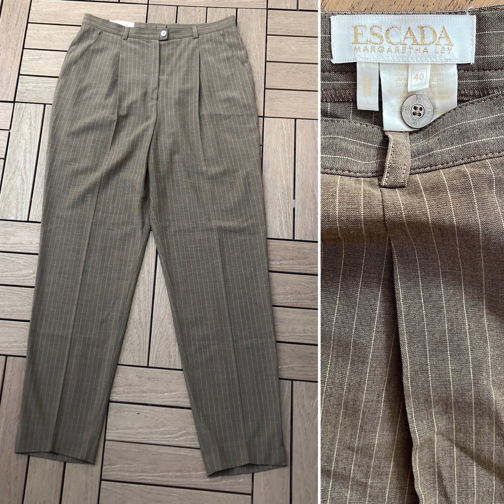 Escada by Margaretha Ley caramel brown pin striped high waisted thin wool  pants
